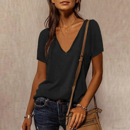 Neck Top Plus Women’s - T-Shirt Warm-Season Loose V Arm Patchwork Brief Size Black / S