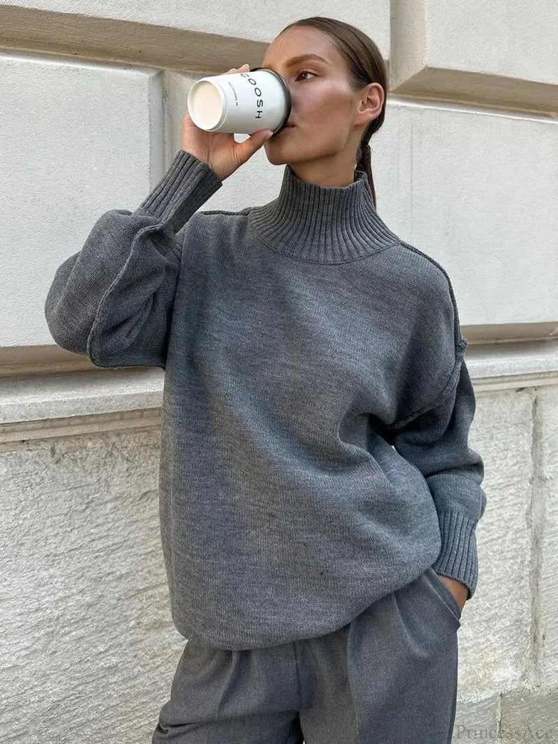 Solid Color Fashion Turtleneck Sweater Dark Gray / S