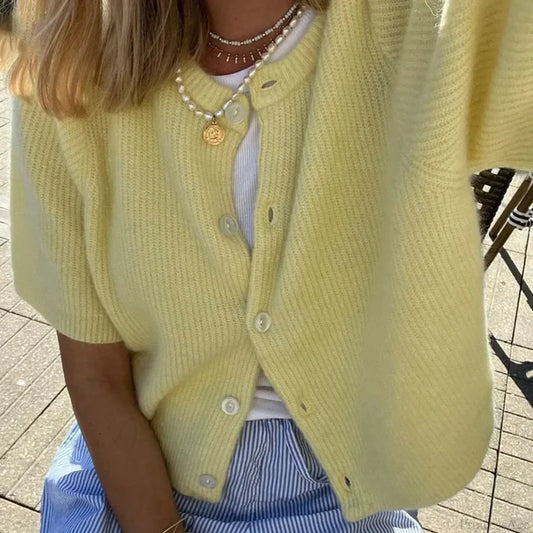 Solid Color Short Sleeve Button Cardigan