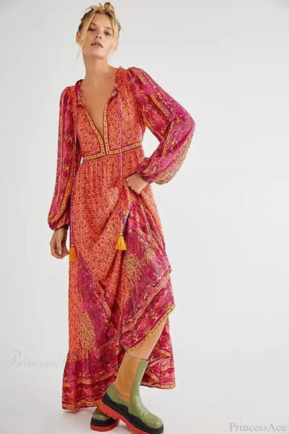 Solid Color V-neck Flare Sleeve Summer Boho Dress bohodress-250126