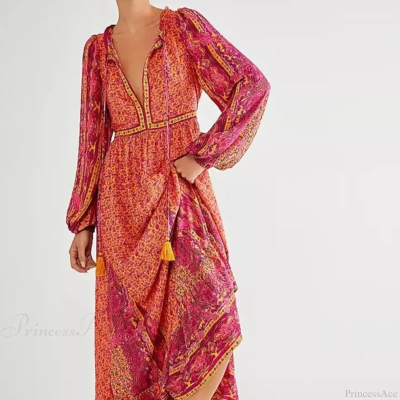 Solid Color V-neck Flare Sleeve Summer Boho Dress Orange / S bohodress-250126