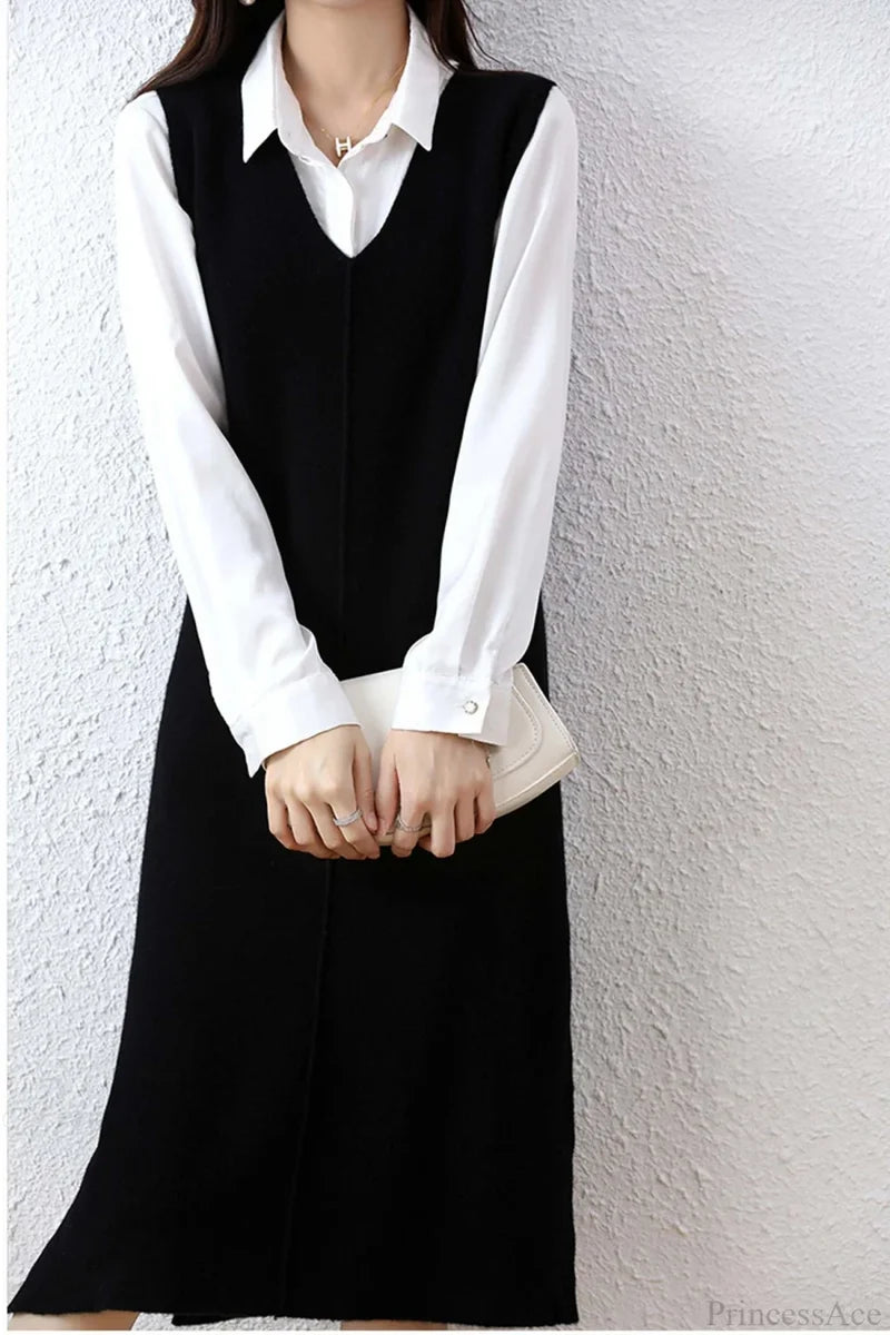 Solid Color Wool Tank Dress With V Neck Black / M Midi Dresses