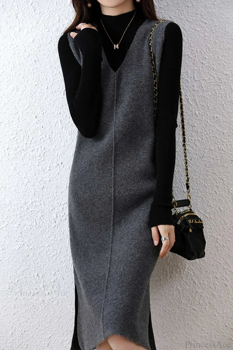Solid Color Wool Tank Dress With V Neck Grey / Xl Midi Dresses