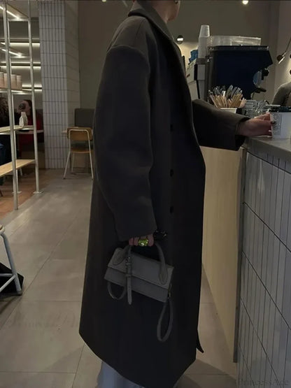 Solid Double-Breasted Turn-Down Overcoat