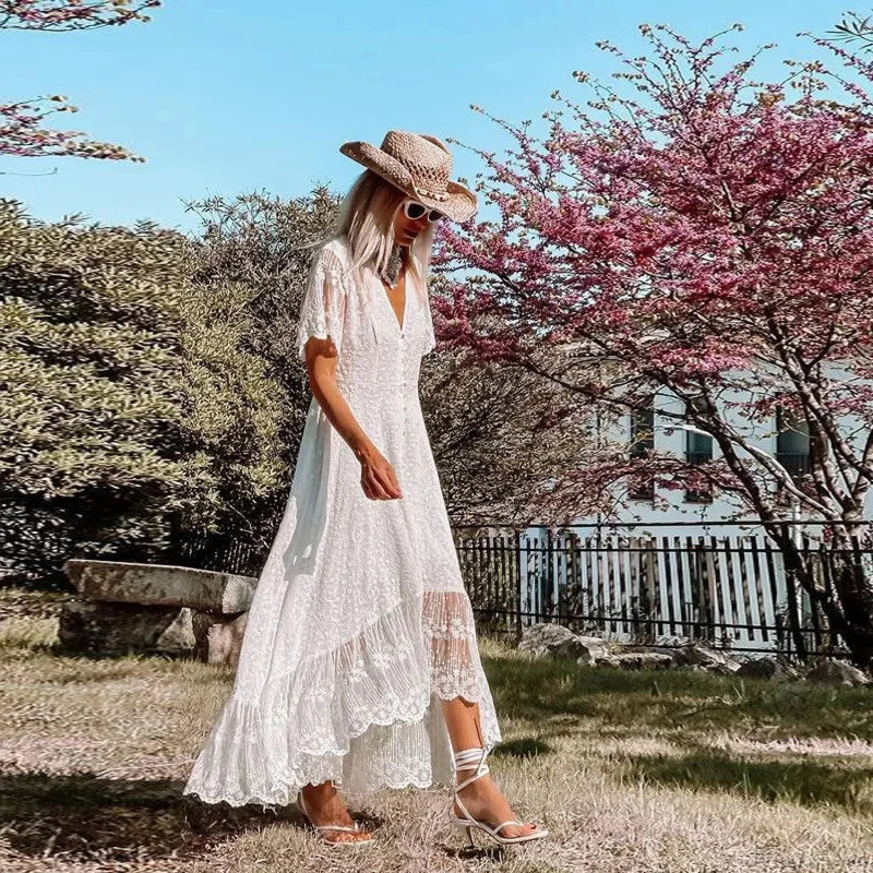 Solid Floral Short Sleeve Boho Dress bohodress-250126