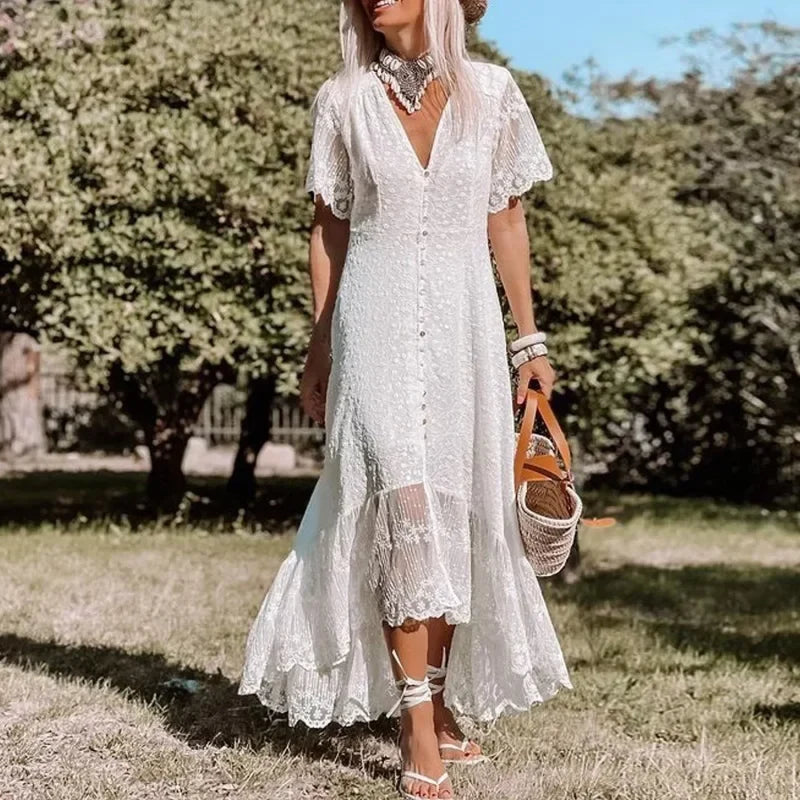 Solid Floral Short Sleeve Boho Dress White / S bohodress-250126