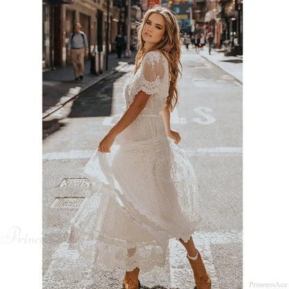 Solid Lace Short Sleeve V-neck Maxi Boho Dress bohodress-250126