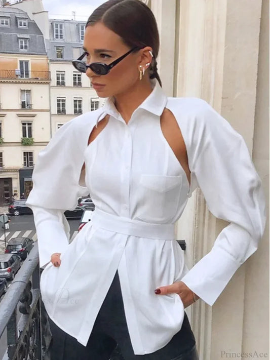 Solid Lapel Single Breasted White Blouse blouse-250223