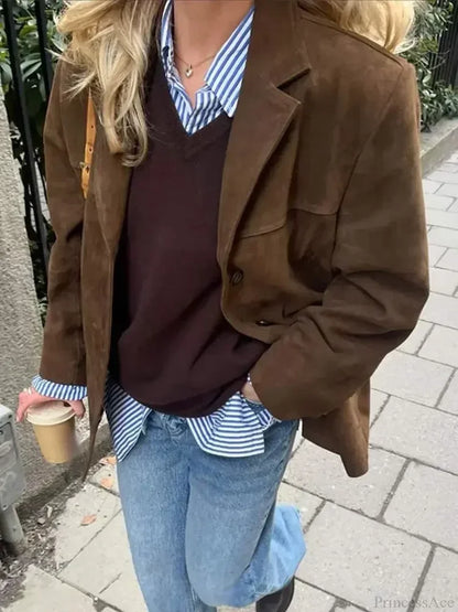 Solid Lapel Suede Leather Coat
