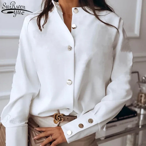 Solid Long Sleeve White Cotton Blouse White / S blouse-250223