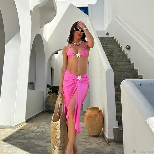Solid Micro Skirt Three Piece Swimsuit Pink / S
