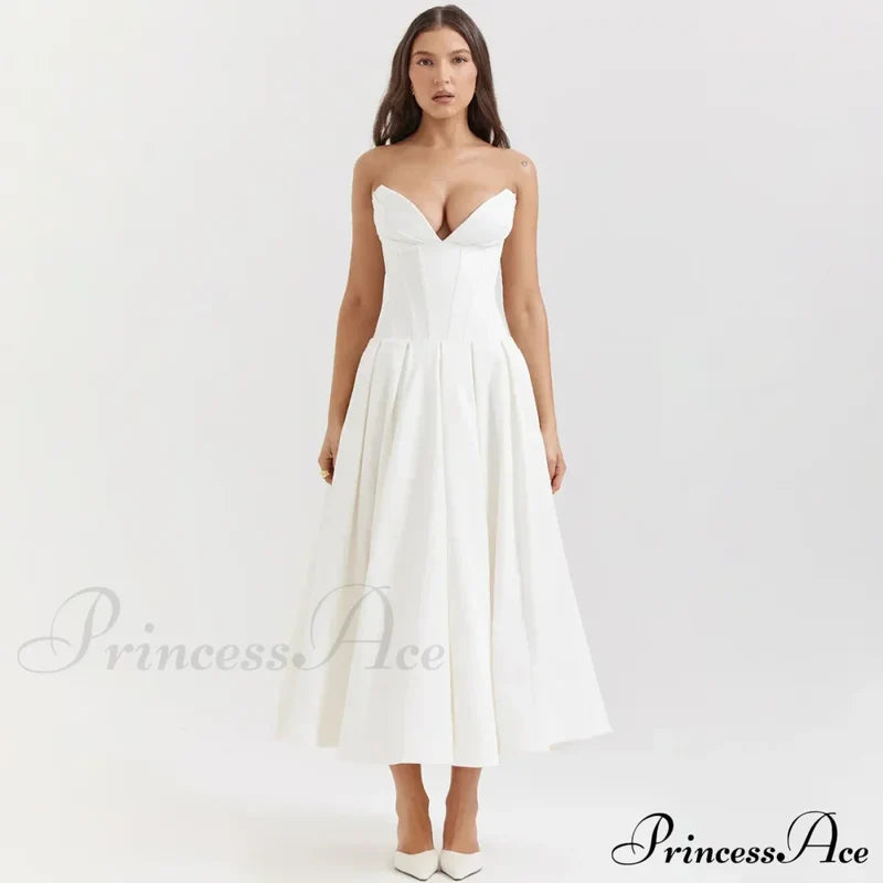 Solid Off-Shoulder Chic Backless Strapless High-Waisted Elegant Maxi Dress White / Xs