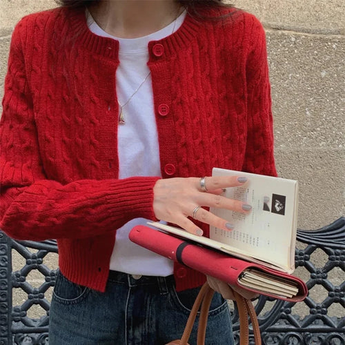 Solid Round Neck Single Breasted 2000s Style Knit Cardigan red / One Size cardiagn-250126