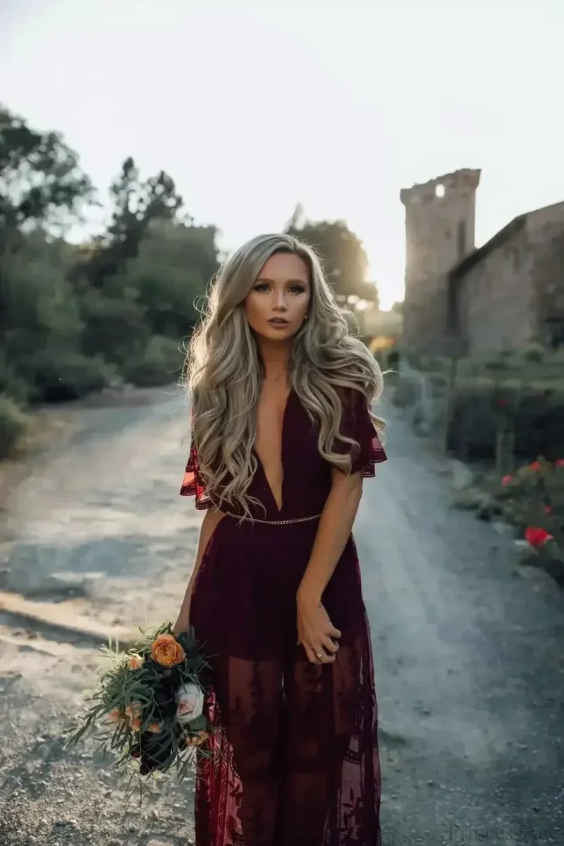 Solid Short Sleeve Lace V-neck Loose Maxi Boho Dress claret / One Size bohodress-250126