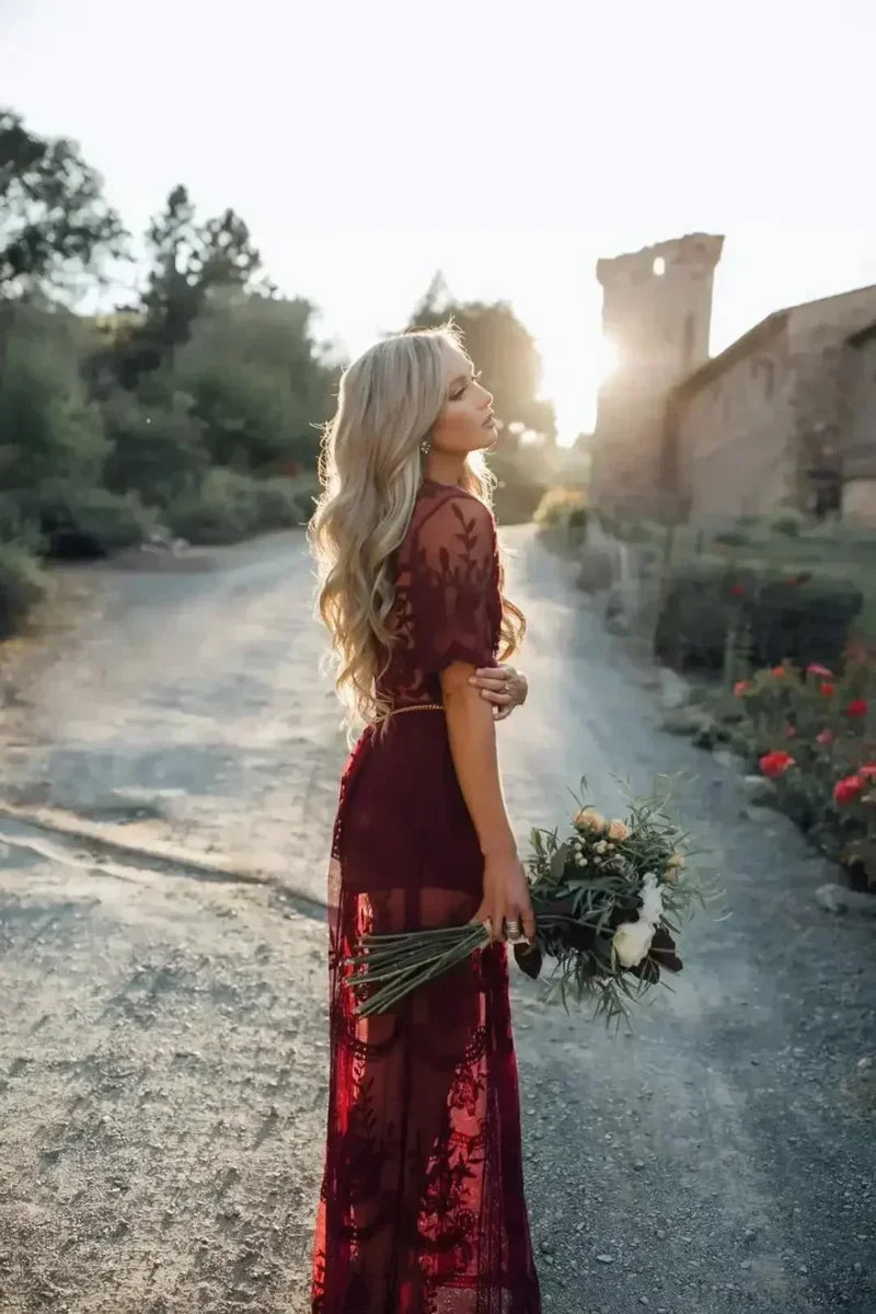 Solid Short Sleeve Lace V-neck Loose Maxi Boho Dress claret / One Size bohodress-250126