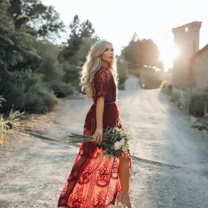 Solid Short Sleeve Lace V-neck Loose Maxi Boho Dress claret / One Size bohodress-250126
