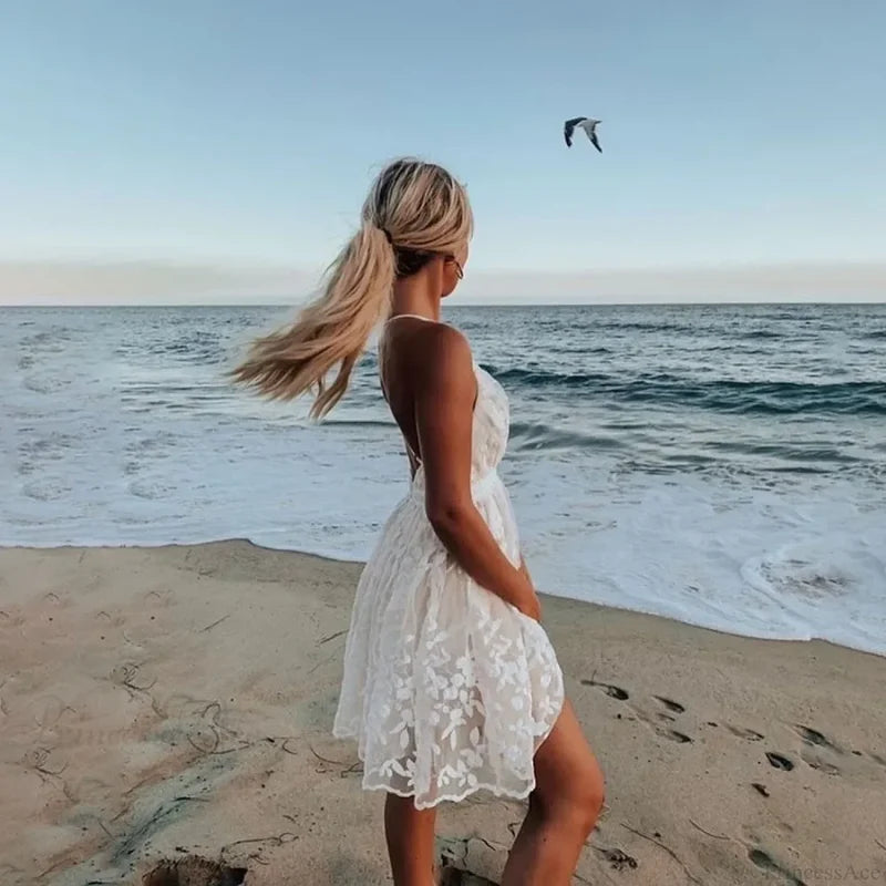 Solid Sleeveless Backless Lace Boho Dress bohodress-250126