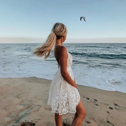 Solid Sleeveless Backless Lace Boho Dress bohodress-250126
