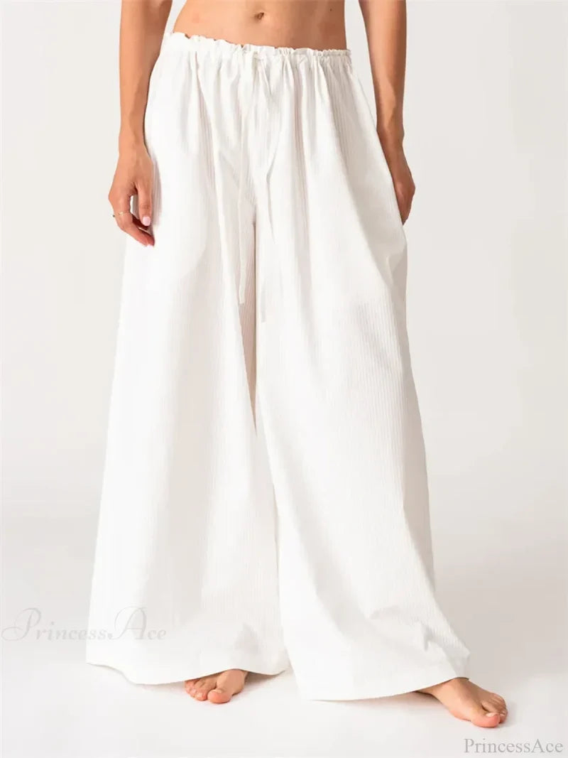 Solid/Striped Baggy Drawstring Casual Wide Pant WHITE / S pant-250223