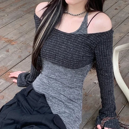 Solid Tank Tie-Up Halter Backless Long Sleeve Knit Top GRAY / One Size knittop-250126