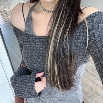 Solid Tank Tie-Up Halter Backless Long Sleeve Knit Top knittop-250126
