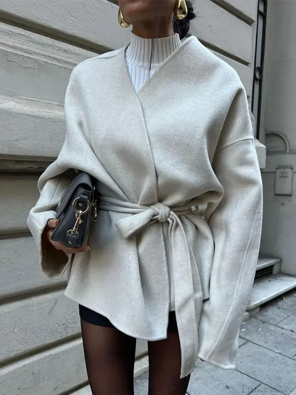 Solid V-neck Lace-up Coat Beige / S