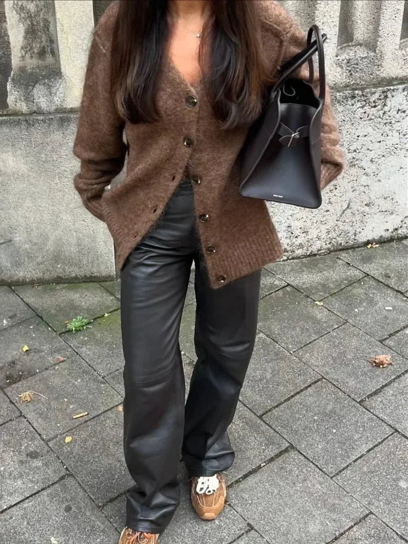 Solid V-neck Mohair Loose Cardigan