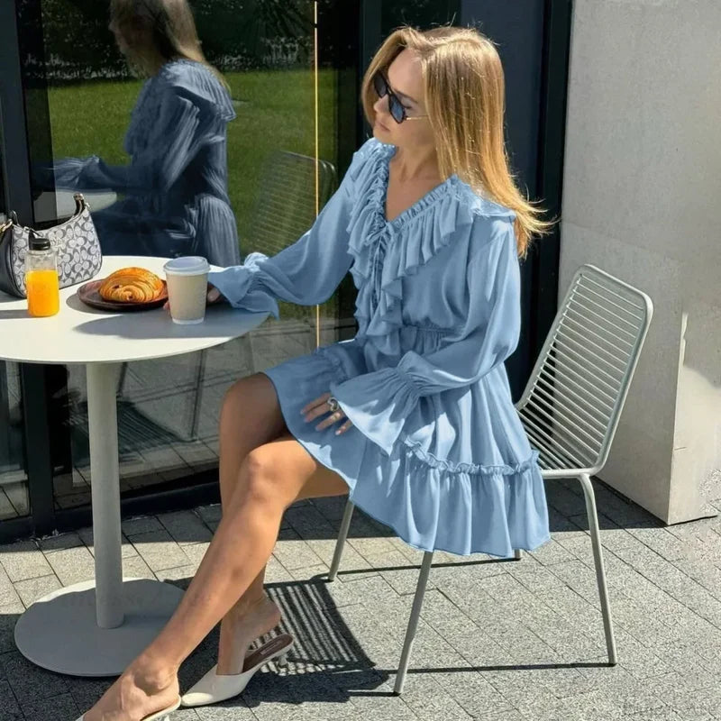 Solid White Cotton Rayon Long Sleeve Ruffle Dress bohodress-250126