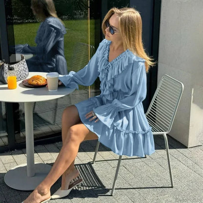 Solid White Cotton Rayon Long Sleeve Ruffle Dress bohodress-250126