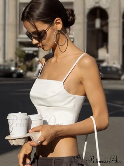 Spaghetti Strap Backless Bandage Skinny Crops 2024 Summer Elegant Lace Up Party Streetwear Women