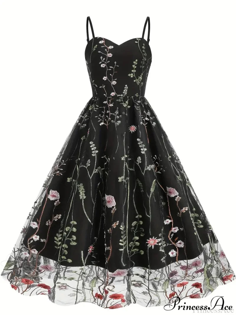Party Mesh Flowered A Embroidery For Gown Line Summer S / Blue Black Floral Maxi Dress
