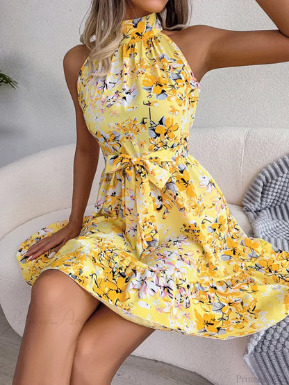 Spring Summer Floral Halter Neck Lace-up A-line Floral Dress floraldress-250126