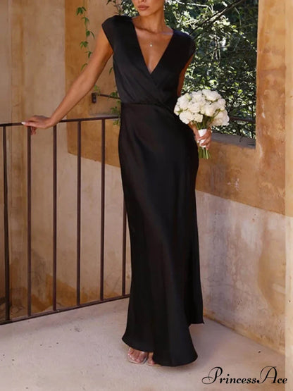 Spring/Summer Satin Solid Color Graceful V-Neck Fishtail Party Dress Dresses