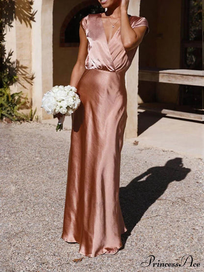 Spring/Summer Satin Solid Color Graceful V-Neck Fishtail Party Dress Dresses