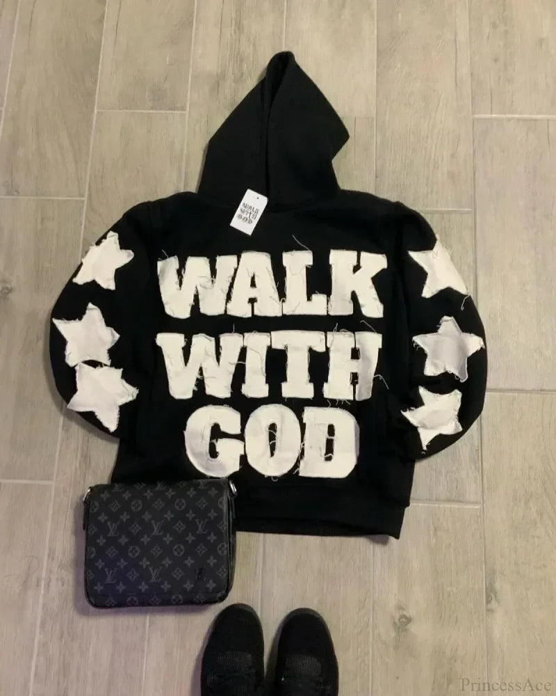 Star Patch Embroidery Hoodie BLACK / M