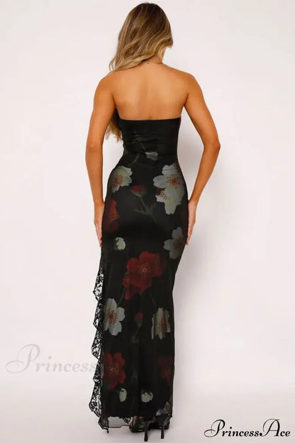 Strapless Print Lace Vent Backless Split Boho Dress