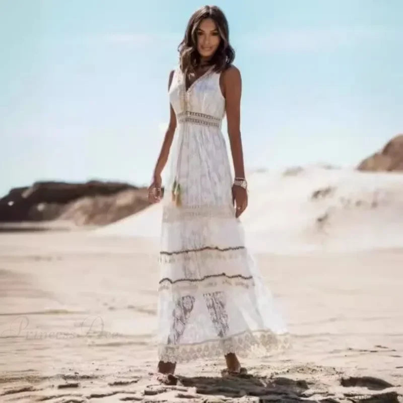 Strapless Lace Up Tassel Splicing Summer Maxi Boho Dress bohodress-250126
