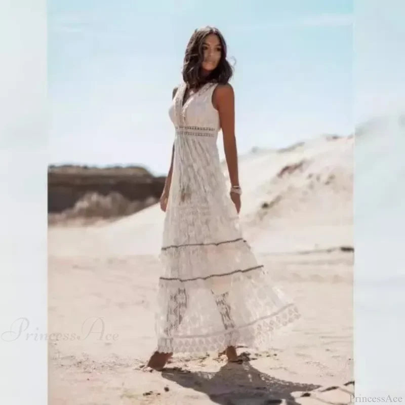 Strapless Lace Up Tassel Splicing Summer Maxi Boho Dress bohodress-250126