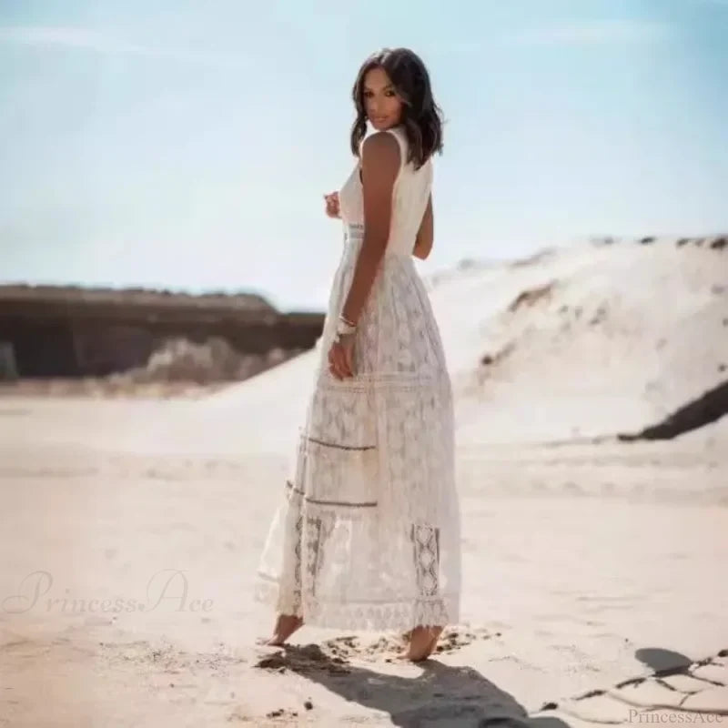 Strapless Lace Up Tassel Splicing Summer Maxi Boho Dress bohodress-250126