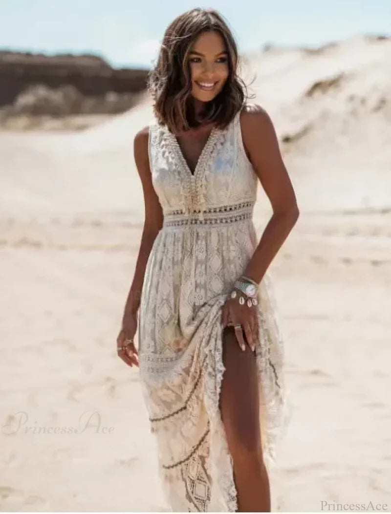 Strapless Lace Up Tassel Splicing Summer Maxi Boho Dress WHITE / S bohodress-250126