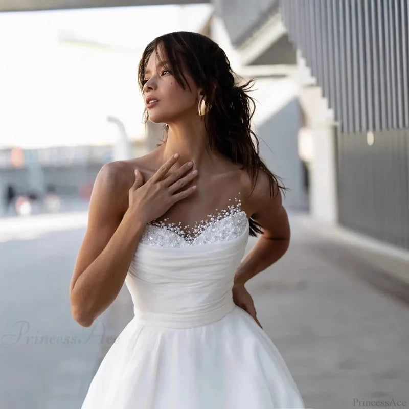 Strapless Sweet Lace Long Train Wedding Dress lvory white / 2 weddingdress-250223