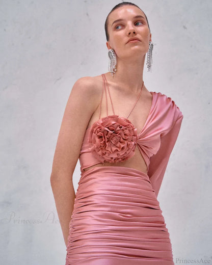 Strappy Asymmetrical Embroidered Prom Dress pink / XS promdress-250223