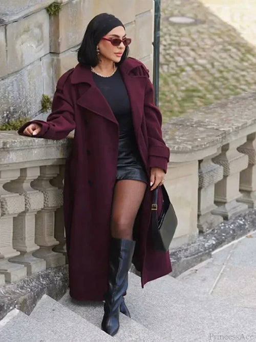 Street Burgundy Woolen Belted Overcoat dark red / XS