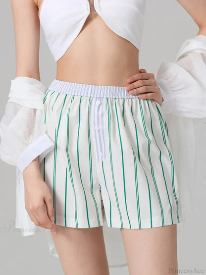 Stripe Button Elastic Waist Short short-250223