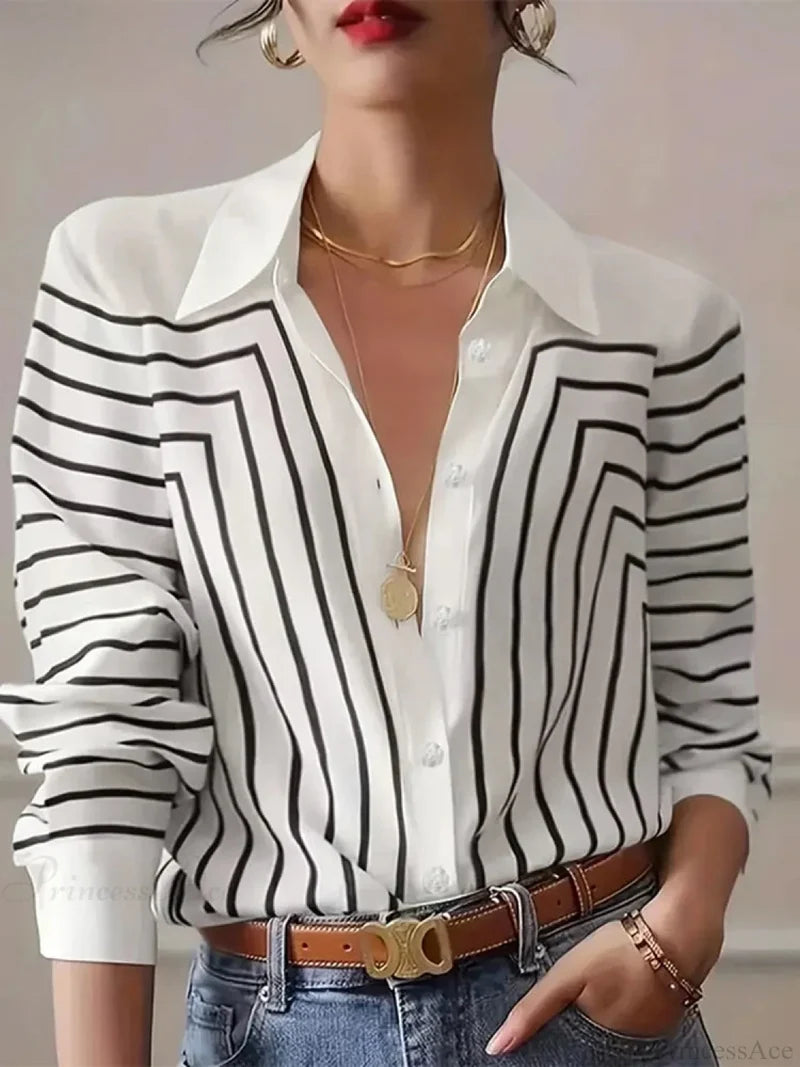Stripe Printed O-neck Blouse Office Wear Blouse Black / S blouse-250126