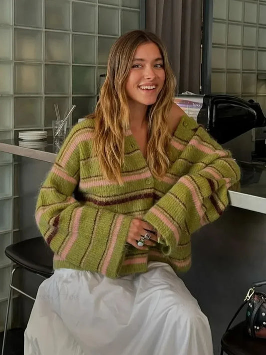 Stripe V-neck Single Breasted Cardigan