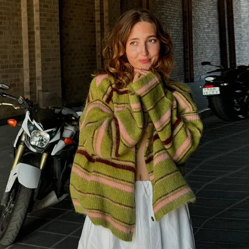 Stripe V-neck Single Breasted Cardigan Green / S