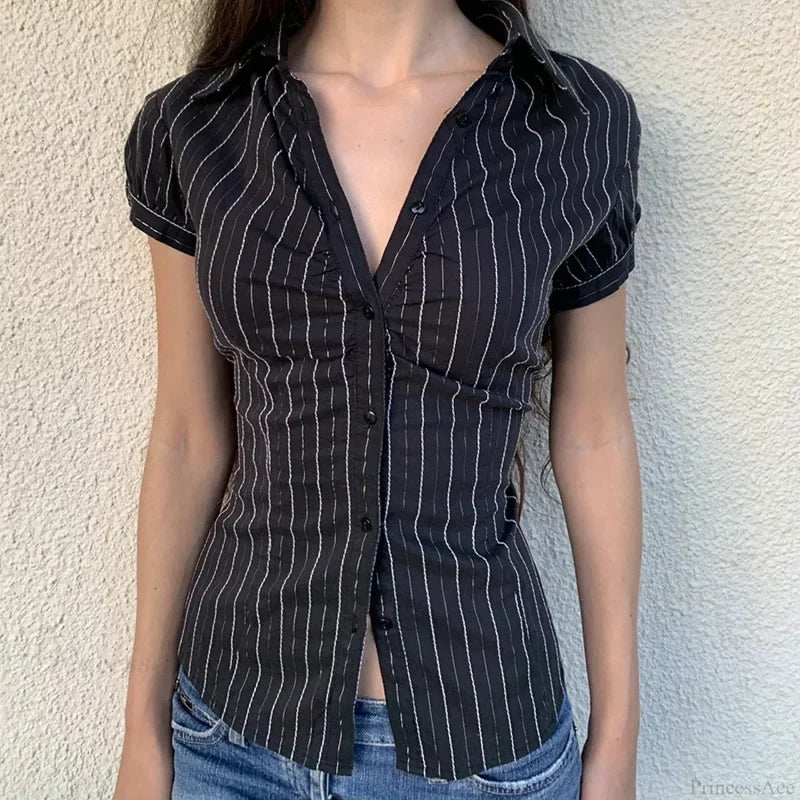Striped Button-Up Collar Blouse black / S blouse-250126