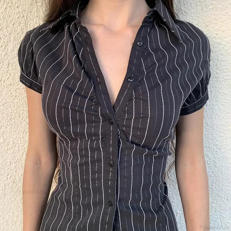 Striped Button-Up Collar Blouse blouse-250126