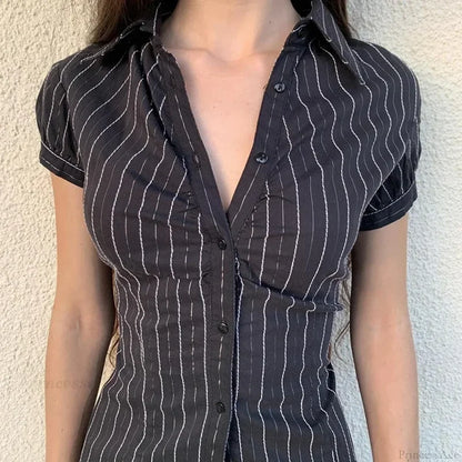 Striped Button-Up Collar Blouse blouse-250126